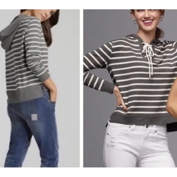 CAbi Tops - Cabi Women's Windward Striped Hooded Sweatshirt Top Gray/White # 5324 Size Small